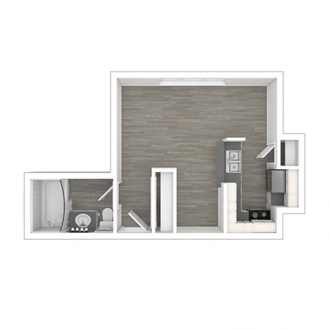 the interior of a small apartment with furniture and a wooden