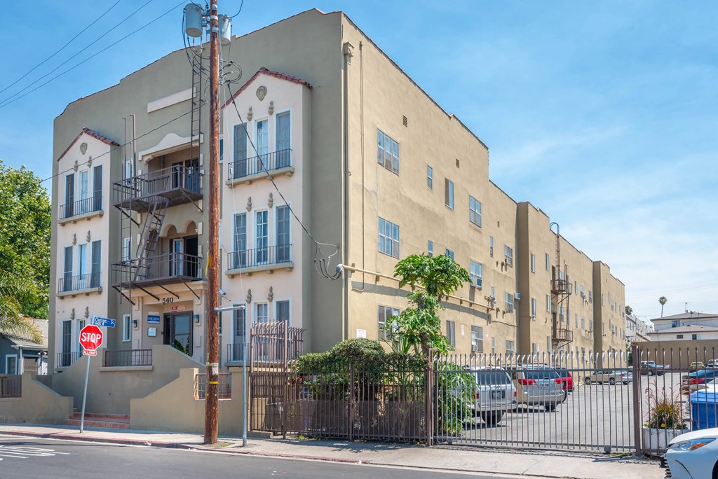 Front street view of building and parking lot