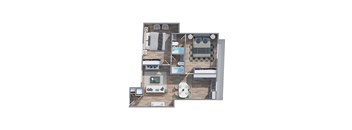 A top-down view of a house with a kitchen, living room, and bedrooms.