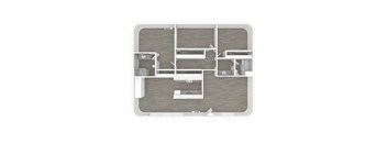A 3D floor plan of a house with a kitchen, living room, and two bedrooms.