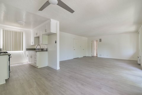Kitchen and living room view from dining area