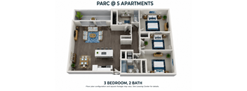 A floor plan of a 3 bedroom, 2 bathroom apartment.