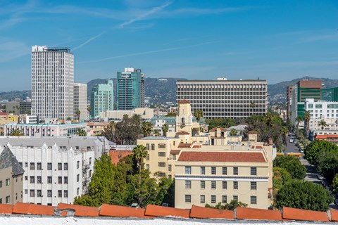 a view of the city from the roof of a building