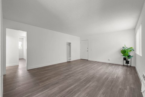 A room with wooden flooring and white walls.