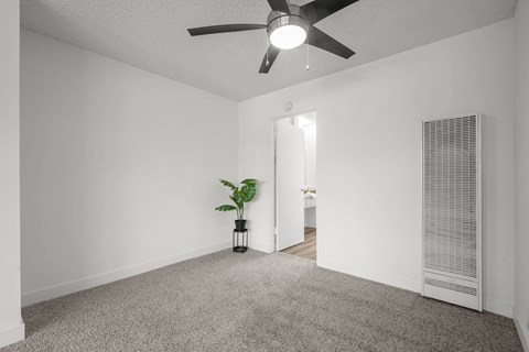 A room with a ceiling fan and a plant in a vase.