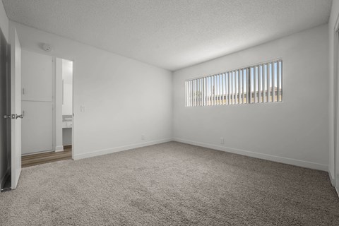 A room with a carpeted floor and a window with blinds.