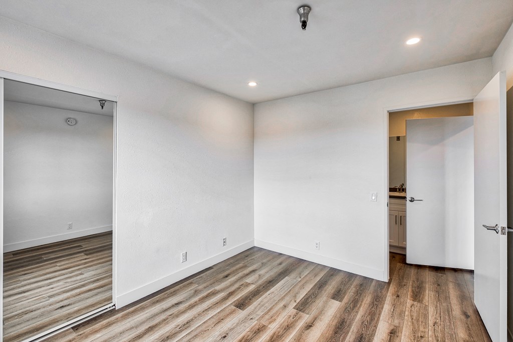Bedroom with open closet door