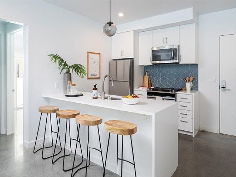 Eating area off the kitchen with bar stools at the perch, Los Angeles, CA 90065