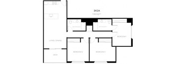 3 Bedroom 2 Bath Floor plan at the perch, California