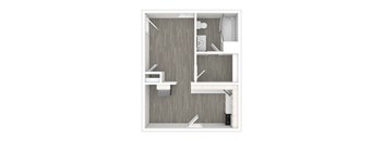 a floor plan of a 1 bedroom with a bathroom and a staircase