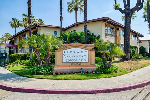 building entrance signage at Serrano Apartments, West Covina, 91790