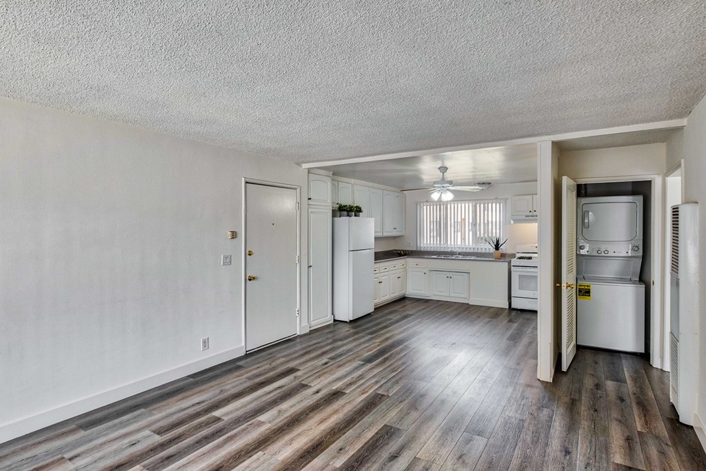 view of living room and kitchen at Serrano Apartments, California, 91790
