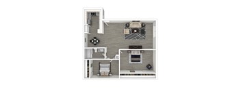 A top-down view of a living room, kitchen, and bedroom in a house.