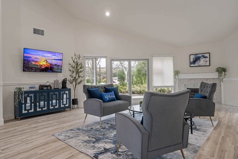 a living room with couches and chairs and a tv