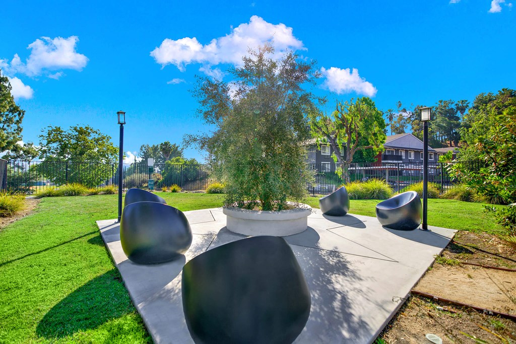 a seating area with a tree in a park at Monterra Ridge Apartments, Canyon Country, California