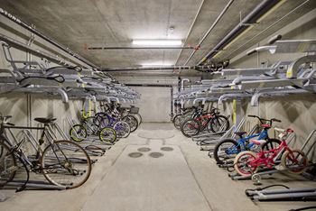 a group of bikes parked in a storage room at the perch, Los Angeles California