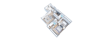 A 3D floor plan of a house with two bedrooms, a living room, a kitchen, and a bathroom.