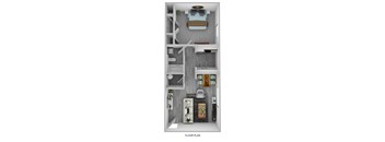 A floor plan of a small apartment with a bedroom, living room, and kitchen.