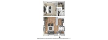 A floor plan of a small apartment with a kitchen, living room, and bedroom.