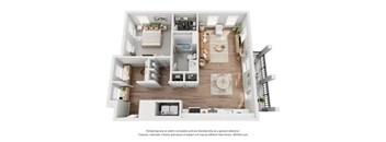 A 3D floor plan of a modern apartment with a kitchen, living room, and bedrooms.