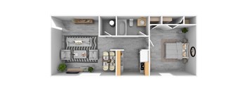 A top-down view of a small apartment with a kitchen, living room, and bathroom.