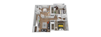 A 3D floor plan of a small apartment with a kitchen, living room, and bedroom.