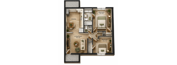 A floor plan of a house with a living room, kitchen, and two bedrooms.