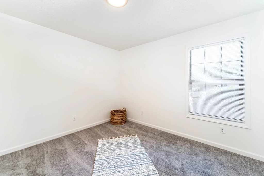 A room with a rug, a basket, and a window with blinds.