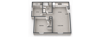 A diagram of a house layout with a living room, kitchen, bedroom, bathroom, office, and closet.