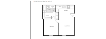 A floor plan of a 580 square foot one bedroom apartment with one bath.