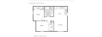 A floor plan of a property with one bedroom and one bath.