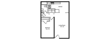 A floor plan of a small apartment with a kitchen, living room, and two bedrooms.