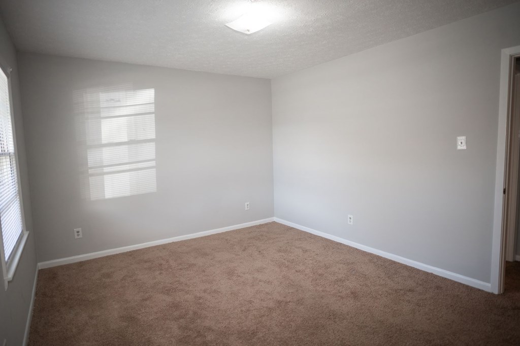 A room with a carpeted floor and a window letting in sunlight.