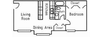 A floor plan of a small apartment with a living room, dining area, kitchen, and bedroom.