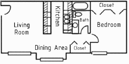 A floor plan of a small apartment with a living room, dining area, kitchen, and bedroom.