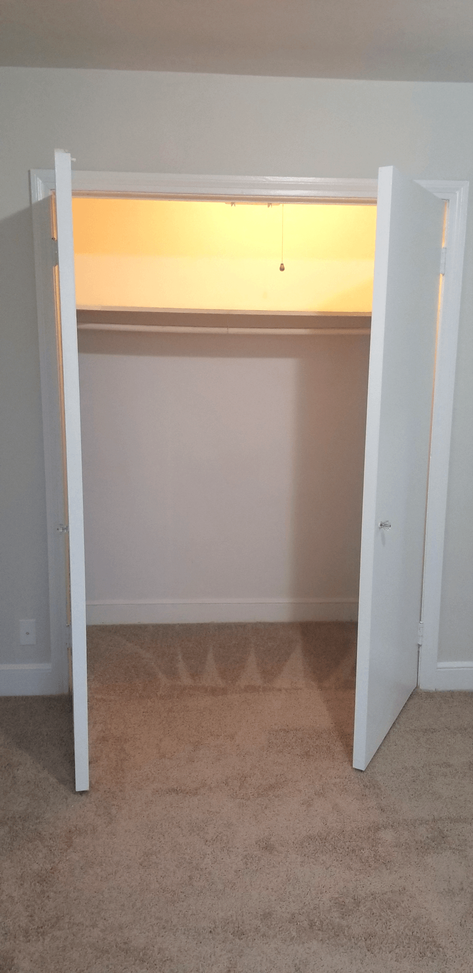 an open closet in a bedroom with a ceiling light
