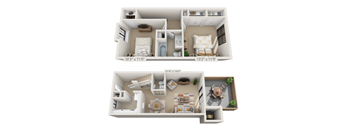 a stylized floor plan with two bedrooms and a living room
