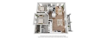 A floor plan of a house with a living room, kitchen, and two bedrooms.