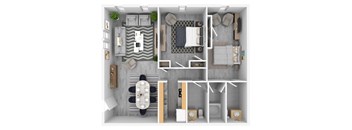 A floor plan of a small apartment with a kitchen, living room, and bathroom.