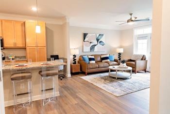 a living room with a kitchen and a couch