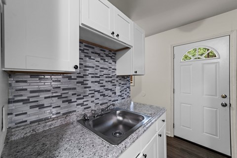 A kitchen with a sink and a white door.