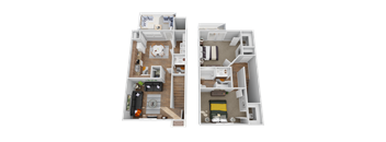 Two images of a floor plan of a house with a living room and kitchen on the left and a bedroom with a bathroom on the right.