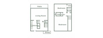 Floor plan for 2 Bedroom 1 and a Half Bath Townhome