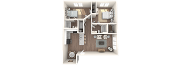 a 3d rendering of a floor plan with a bedroom and living room