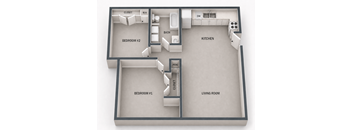 A diagram of a house layout with two bedrooms, a kitchen, a living room, and a bathroom.