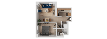 A 3D floor plan of a small apartment with a living room, kitchen, and bedroom.