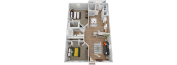 A 3D floor plan of a small apartment with a living room, kitchen, and two bedrooms.