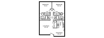 A drawing of a house layout with two bedrooms, a living room, a dining room, a kitchen, a hall, and two bathrooms.
