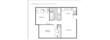 A floor plan of a one bedroom apartment with a bath, kitchen and living room.