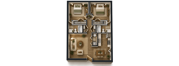 A top-down view of a two-bedroom apartment with a living room, kitchen, and bathrooms.